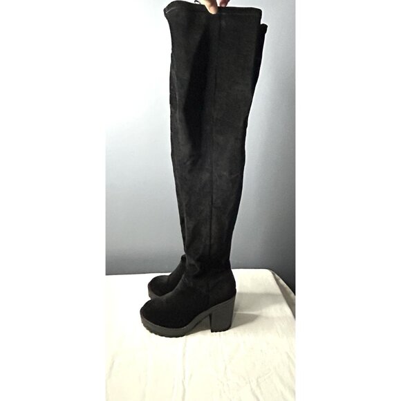H&M Divided Sock Boots Womens 5.5 Black Thigh High Over Knee Block Heel Lug Sole - Picture 1 of 16